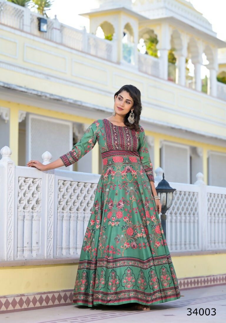 Partywear Designer parrot Dola Silk Anarkali suit with Dupatta - Suzen - Swadesiicart