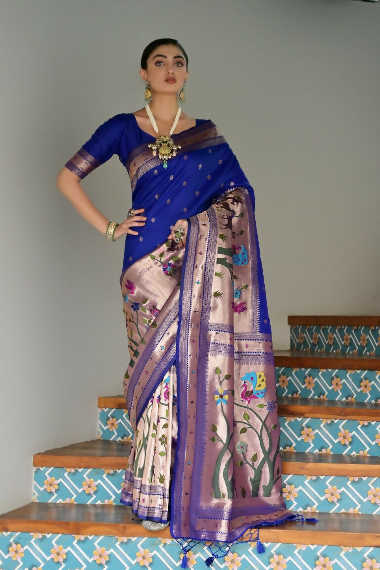 Vishnu Weaves Women's Royal Paithani Silk Zari Woven Saree with Blouse - Swadesiicart