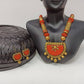 Terracotta Medium Necklace Set With Earrings-Orange And Gold
