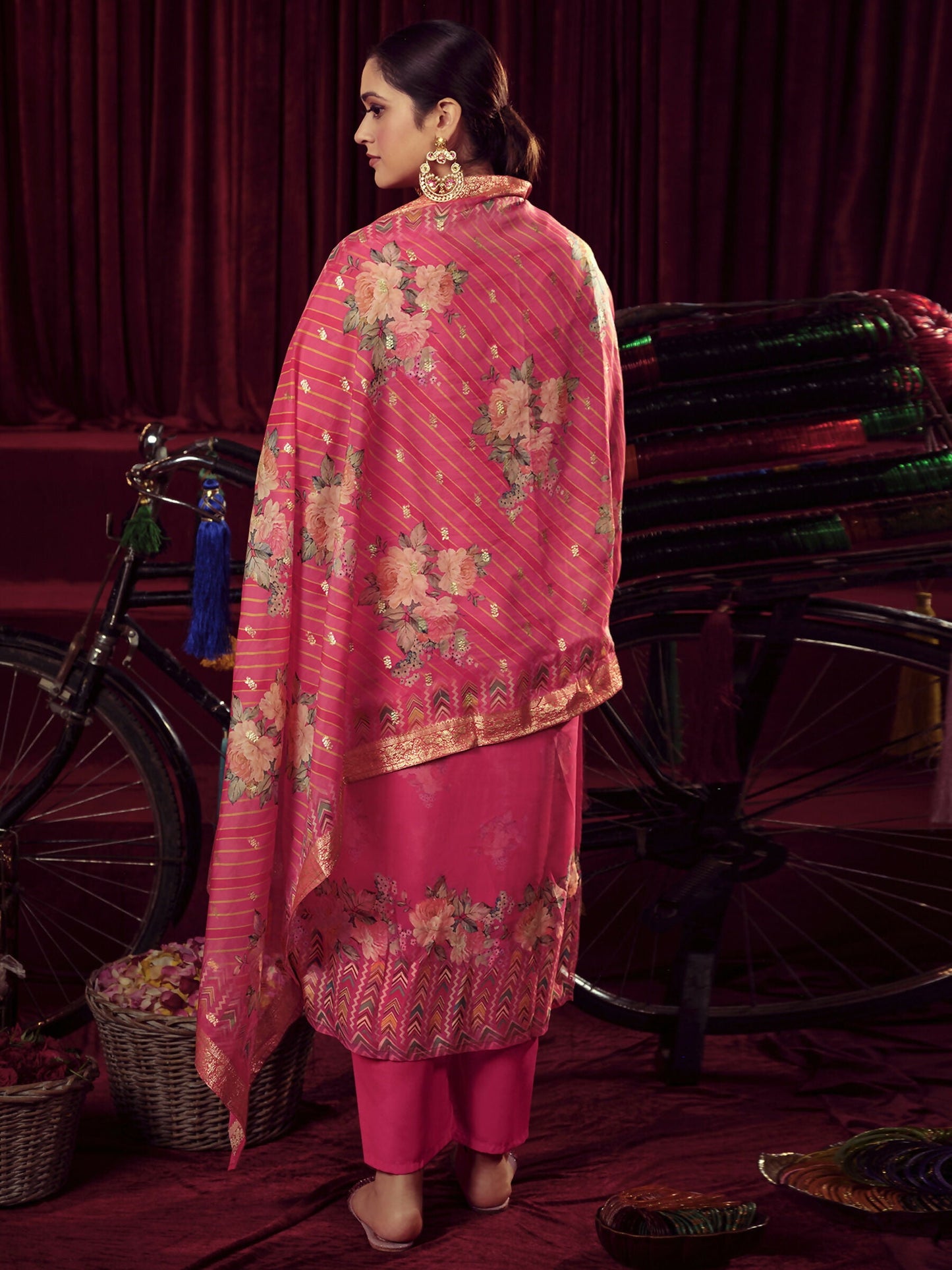 Jyoti Fashion Women's Magenta Organza Jacquard Woven Kurta with Trouser & Dupatta | Swadesiicart
