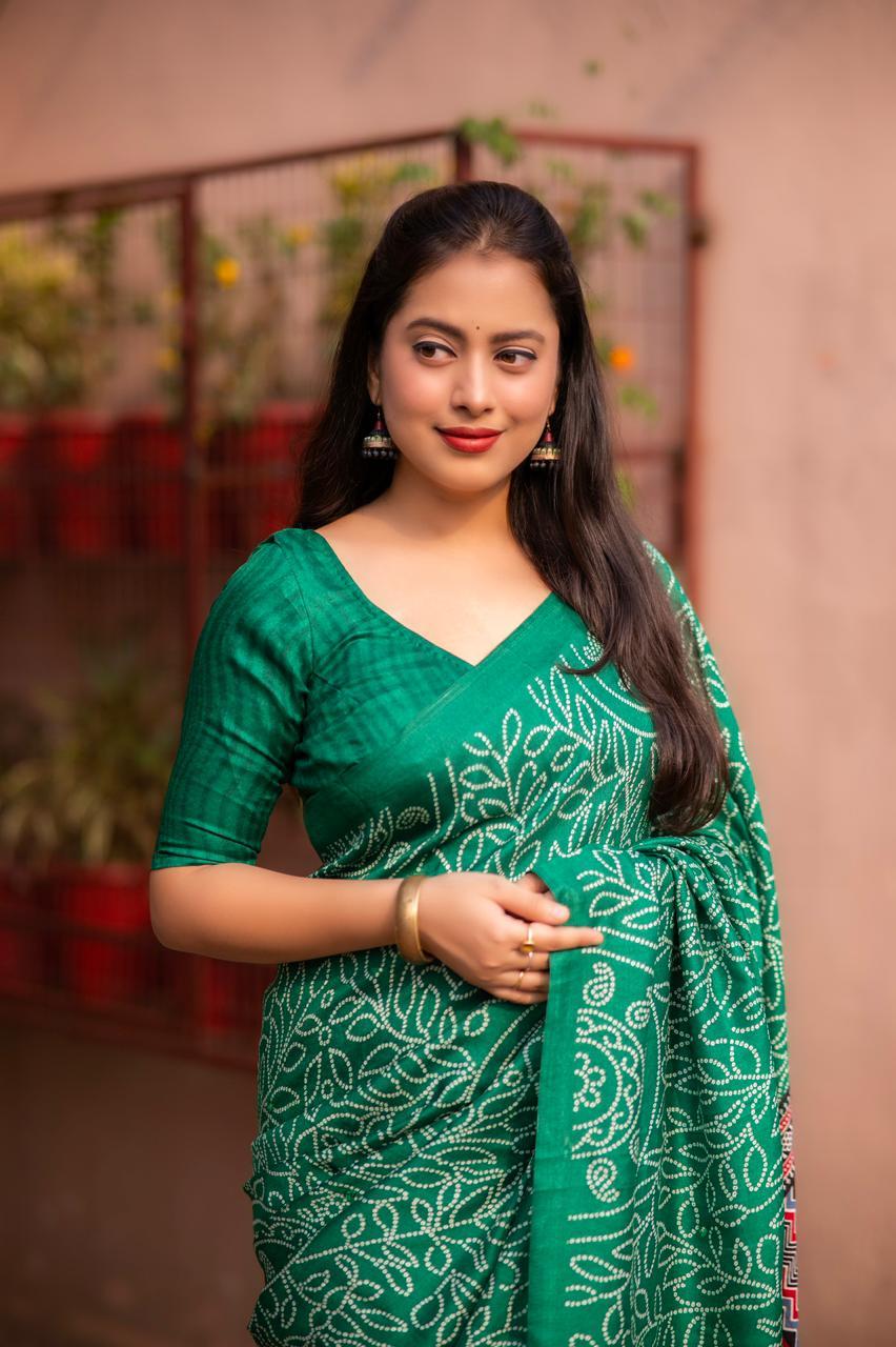 Green Silk Blend Ajrak Saree with Unstitched Blouse - Hiral Fashion | Swadesiicart
