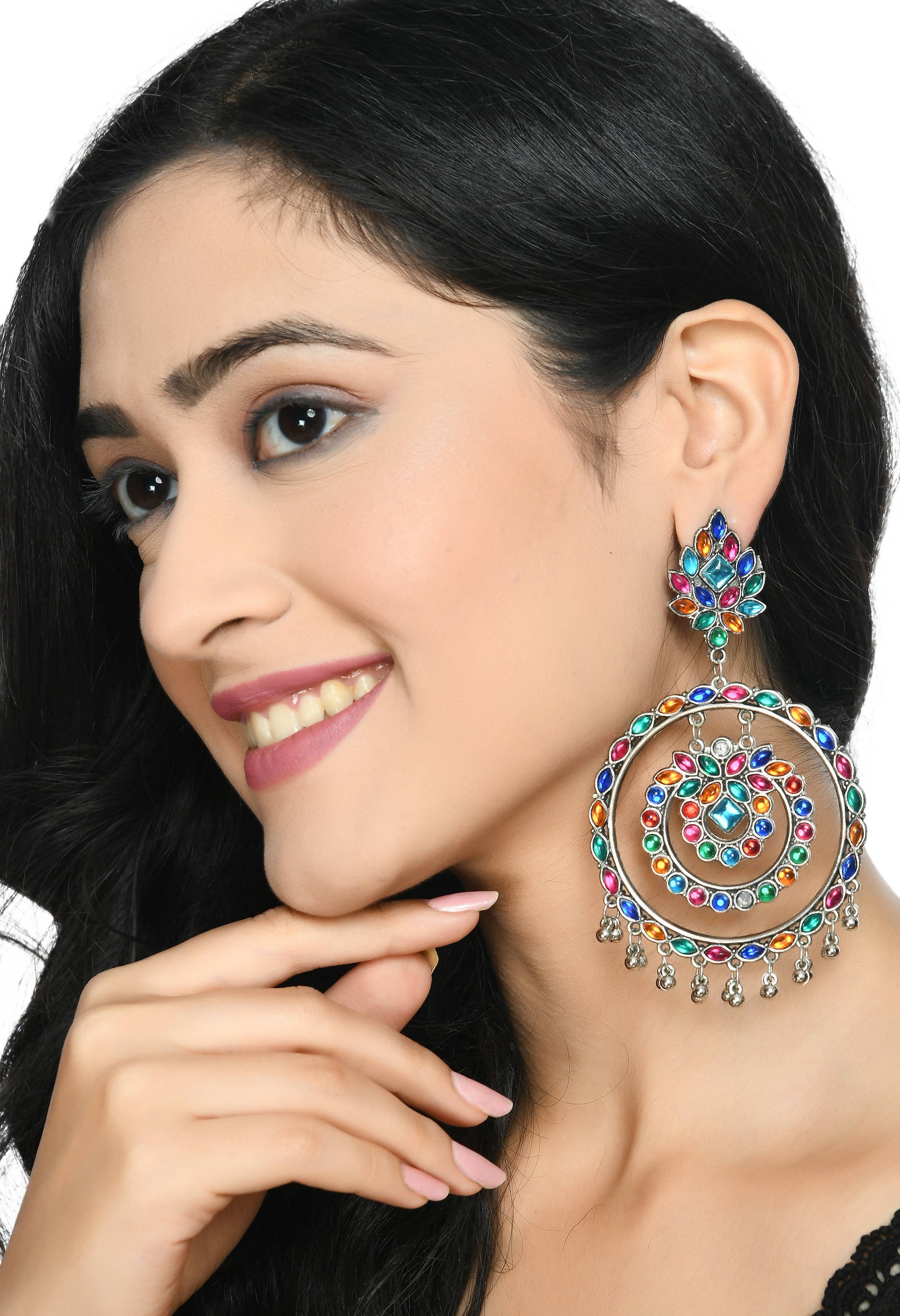 Mominos Fashion Johar Kamal Women's Multi Colour Kundan Circles Earrings - Swadesiicart
