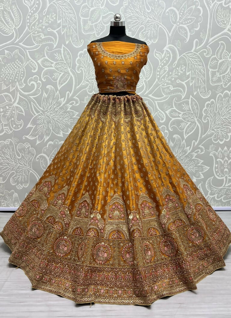 Jyoti Fashion Women's Golden Bridal Net Fancy Dori & Sequins Multi Thread Embroidered with Diamond Work Wedding Lehenga Choli | Swadesiicart