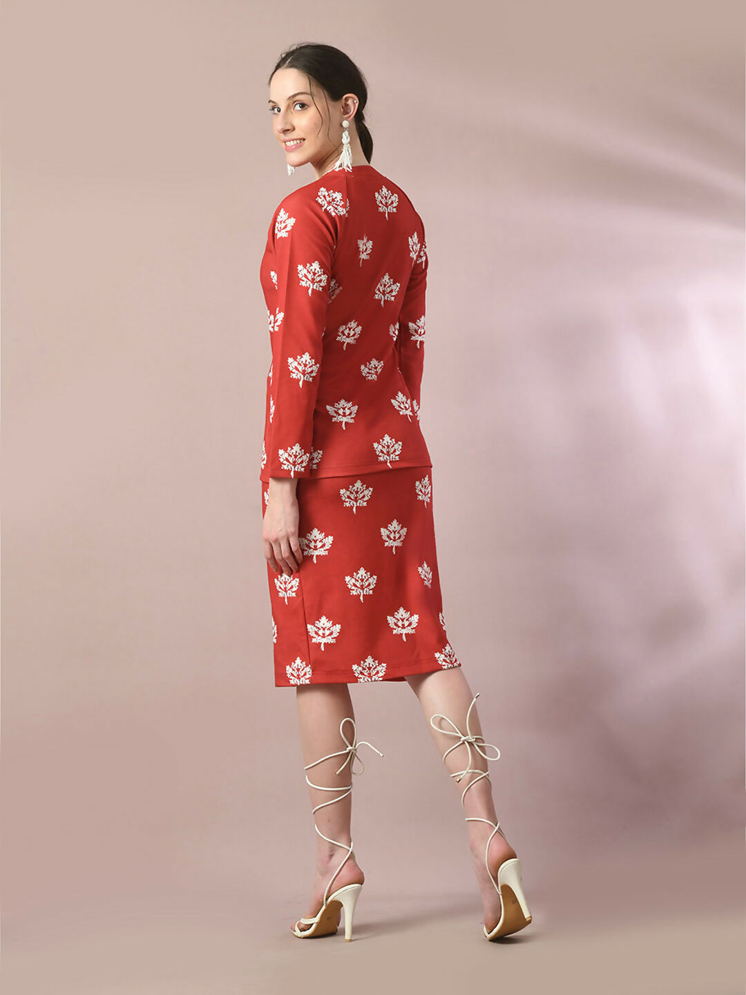 Myshka Women's Rust Printed Round Neck Party Top With Skirt Co-ord set - Swadesiicart