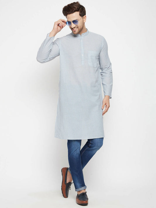 Even Apparels Grey Pure Cotton Men's Long Kurta With Band Collar | Swadesiicart