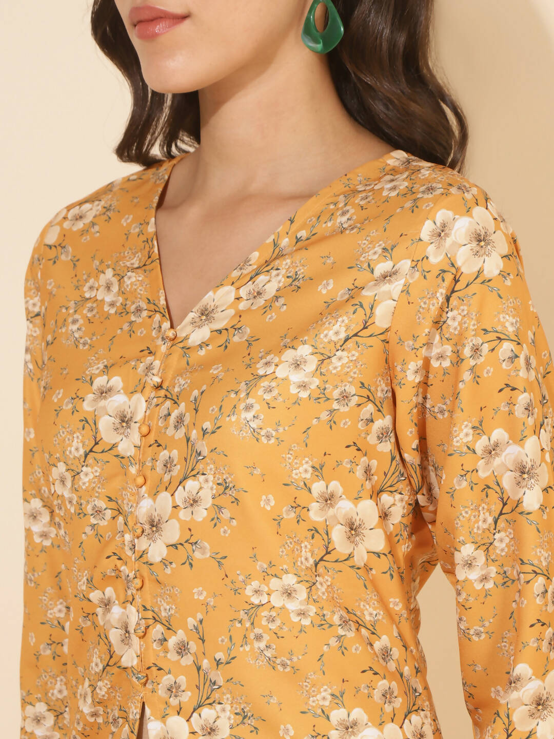 Janasya Women's Mustard Moss Floral Printed Casual Front Slit Co-ords - Swadesiicart