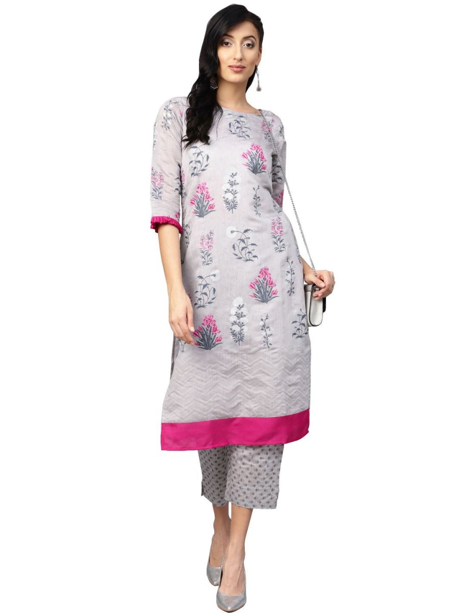 Ahalyaa Women Grey Chanderi Silk Printed Kurta Pant Set | Swadesiicart