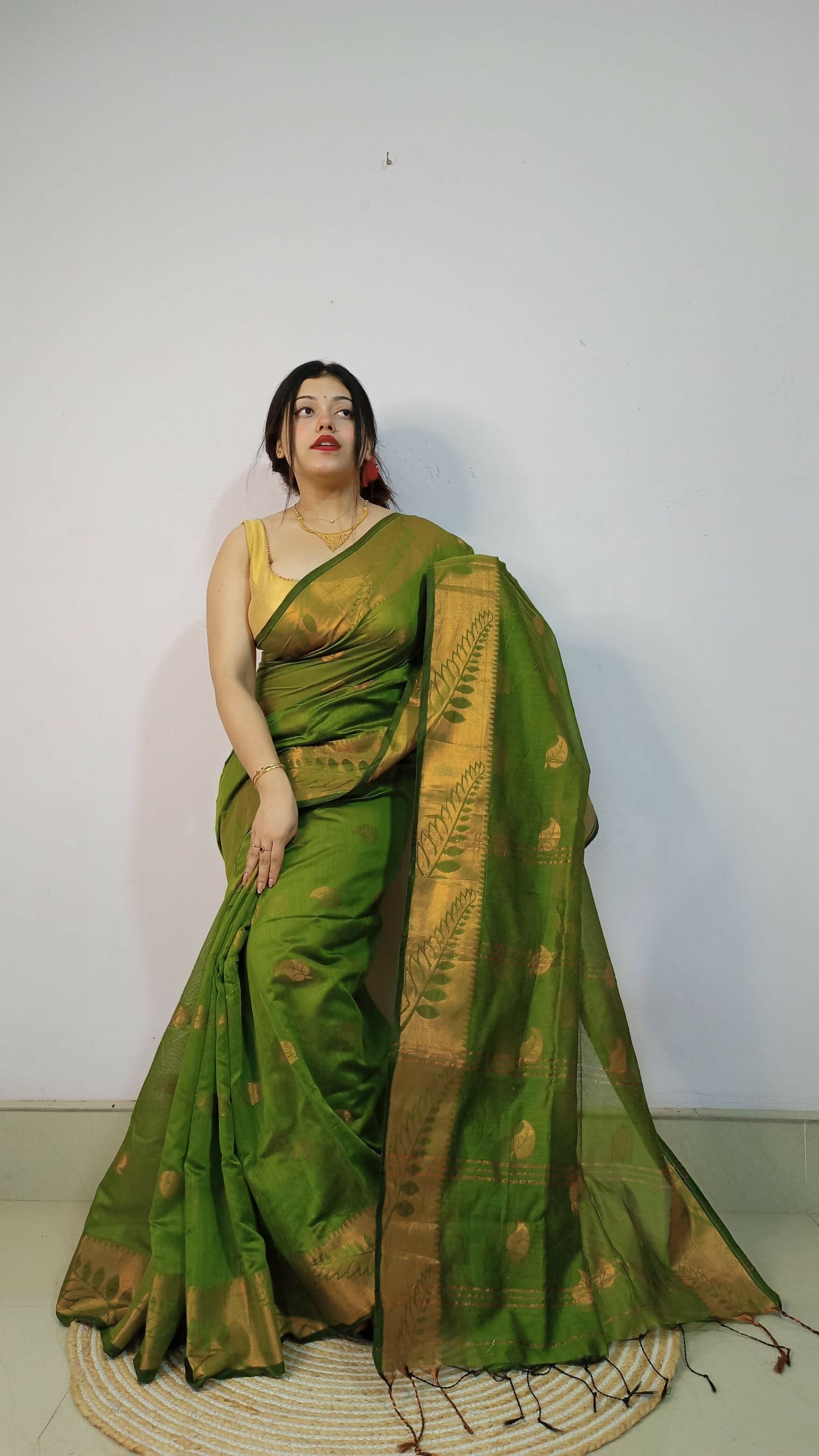 Exclusive Collection Beautiful Olive Green Cotton Silk Woven Handloom Saree With Running Blouse Piece - Swadesiicart