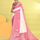 Joban Fashion White & Rani Pink Plain With Weaving Border Banarasi Silk Sarees | Swadesiicart
