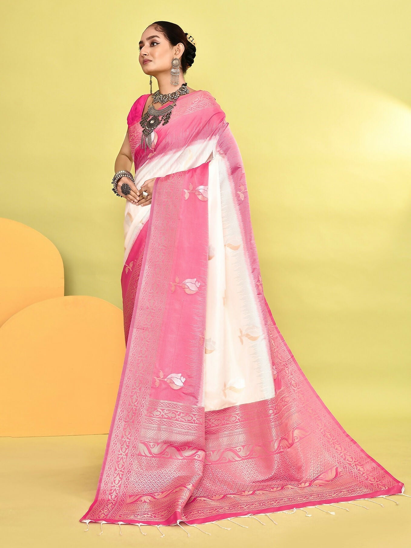 Joban Fashion White & Rani Pink Plain With Weaving Border Banarasi Silk Sarees | Swadesiicart
