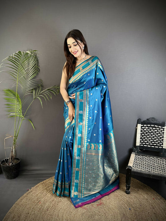Joban Fashion Sky Blue Banarasi Soft Silk Woven Saree | Swadesiicart