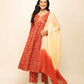 FIORRA Women's Red Cotton A-Line Kurta Pant With Dupatta - Swadesiicart