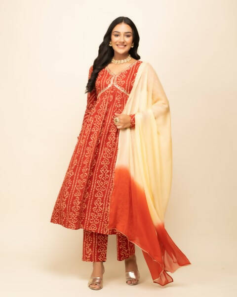 FIORRA Women's Red Cotton A-Line Kurta Pant With Dupatta - Swadesiicart
