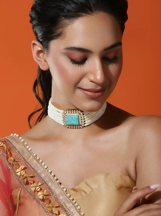 Women's Blue White Gold-Polished Handcrafted Necklace - Ruby Raang | Swadesiicart