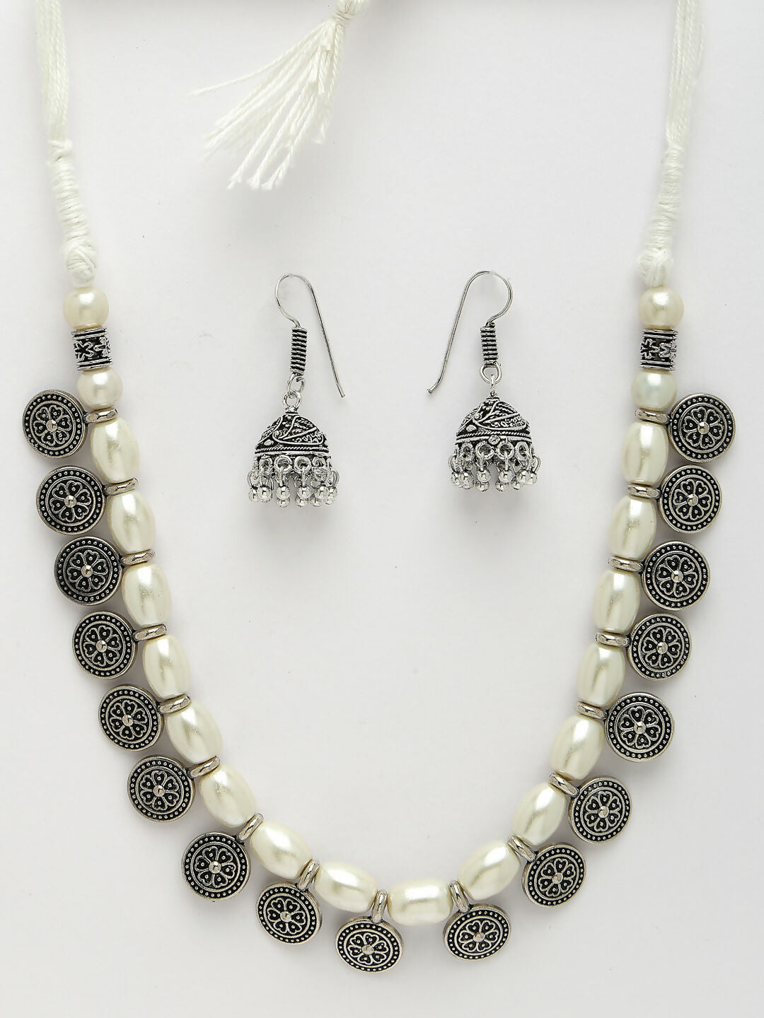 NVR Women's White Silver-Plated Choke Oxidized Necklace with Jhumka Earrings - Swadesiicart