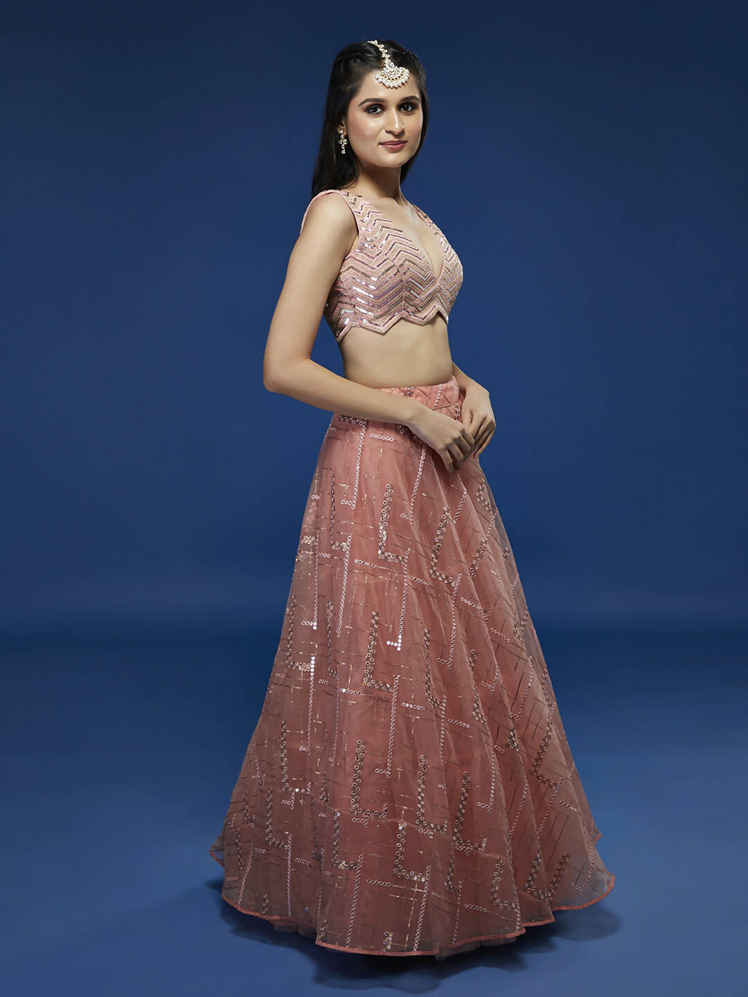 House of Panchhi Peach Net Sequinse Embroidered Lehenga & Blouse with Dupatta | Swadesiicart