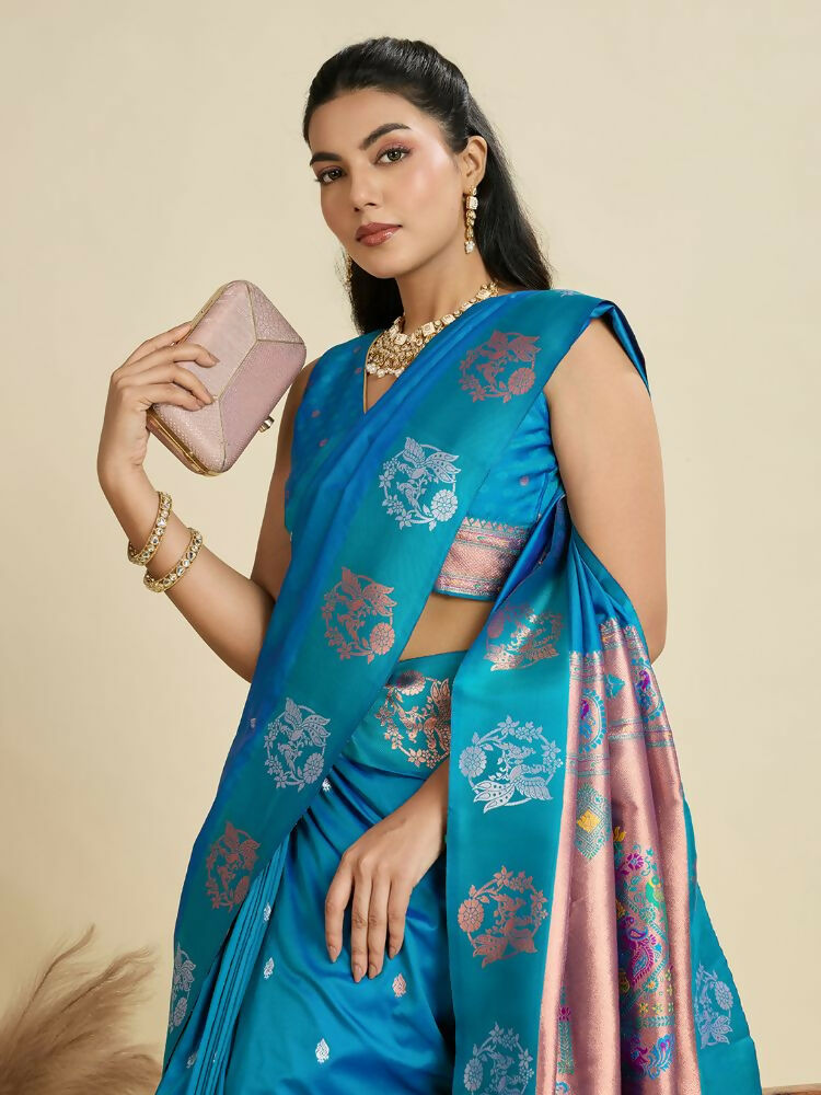 Vishnu Weaves Women's Firozi Banarasi Silk Zari Woven Saree with Blouse - Swadesiicart