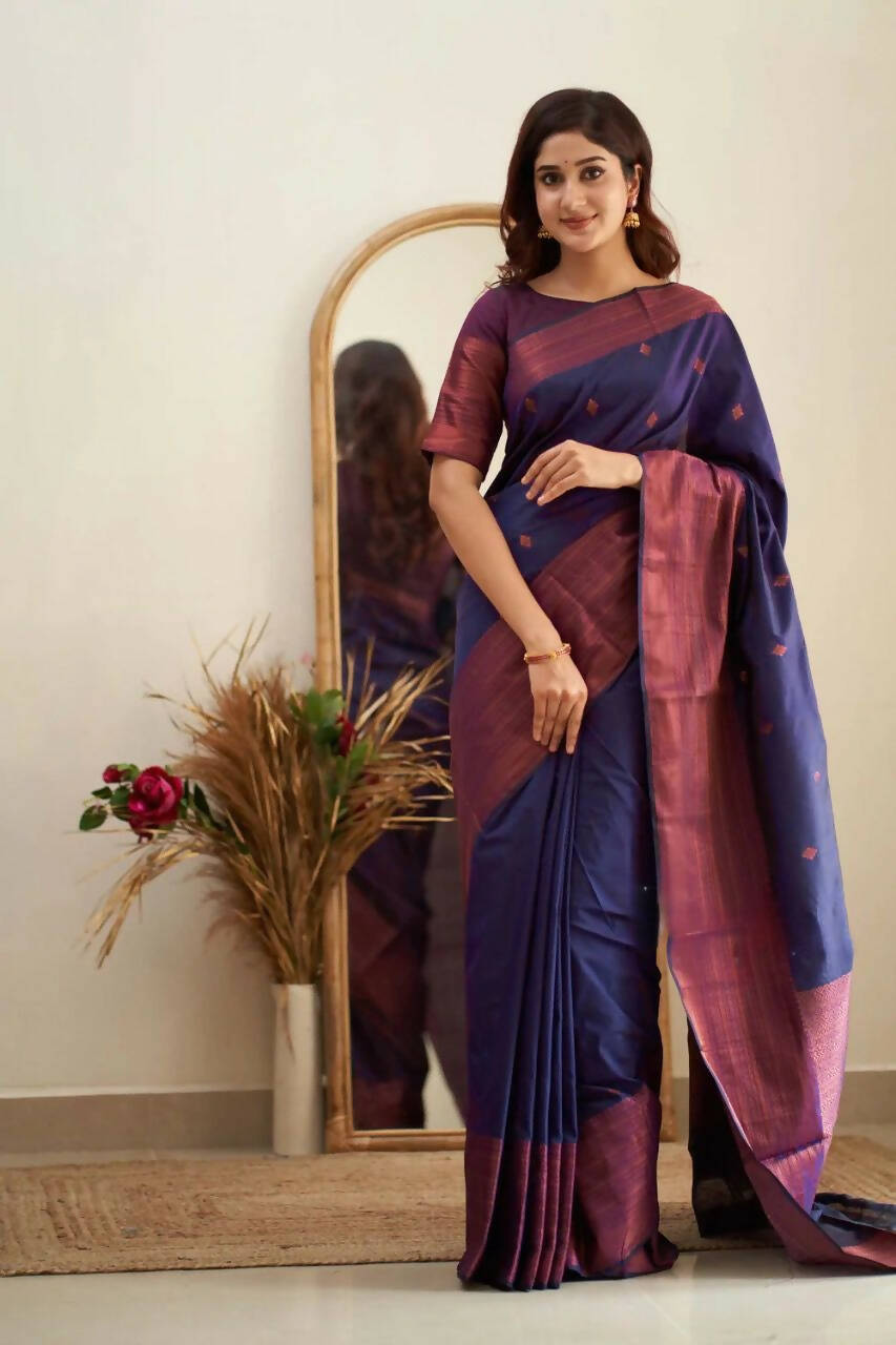 DEIANA'S Beautiful Designer Golden zari Soft Lichi Silk Saree - Navy Blue - Swadesiicart