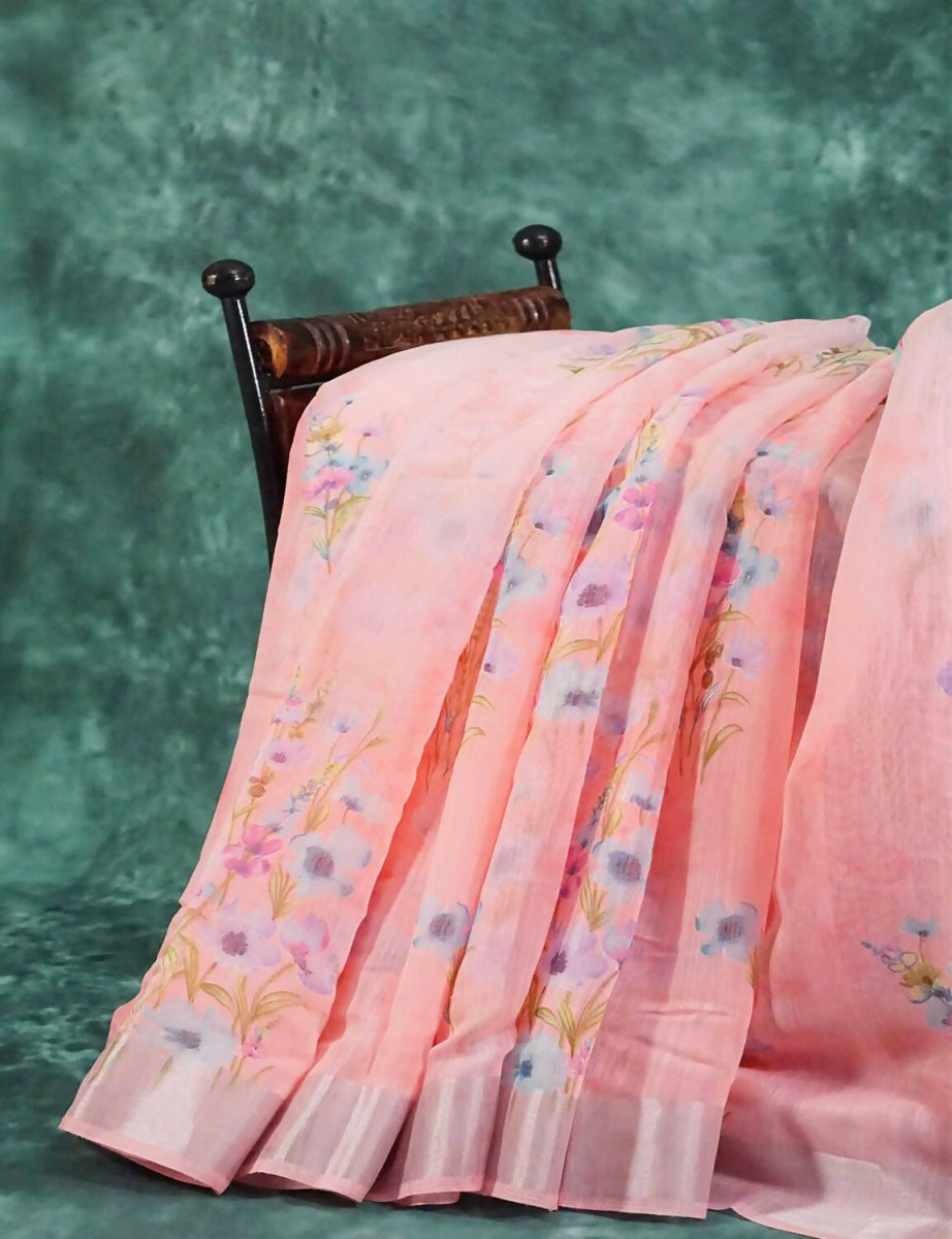 Baby Peach Floral Print Semi Chanderi Saree By Gayathri Reddy Designer Studio | Swadesiicart