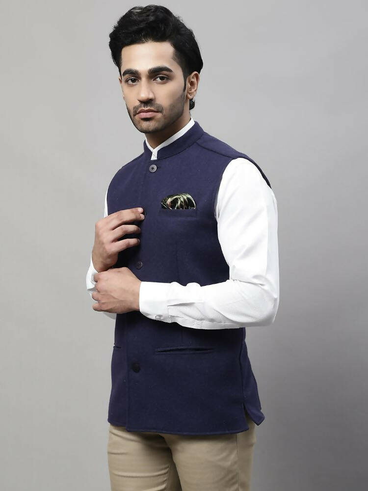 Even Apparels Pure Wool Nehru Jacket - Navy | Swadesiicart
