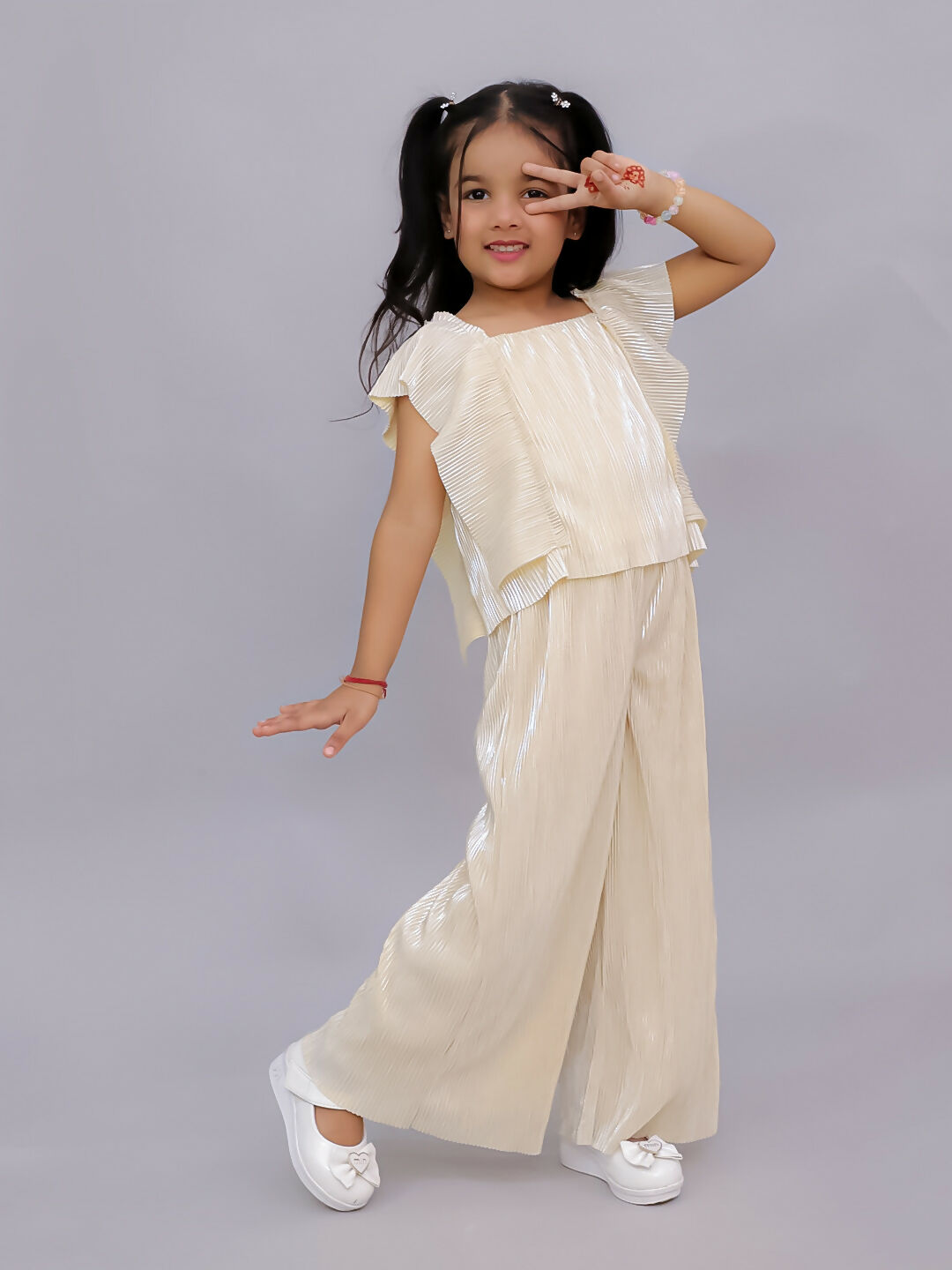 Lil Drama Glam Up Girls Beige Party Top and Pant Set | Swadesiicart