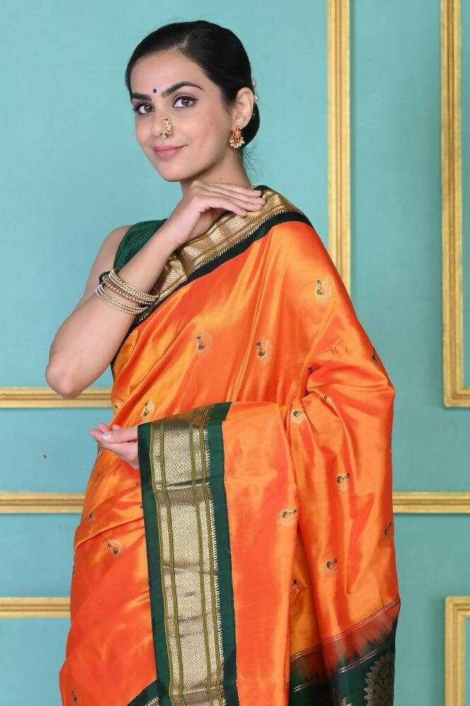 Very Much Indian Authentic Pure Silk Handloom Orange Maharani Paithani | Swadesiicart