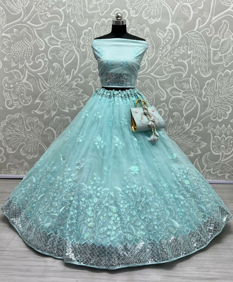 Jyoti Fashion Women's Sky Blue Bridal Net Fancy Sequins with Multi Thread Embroidered Wedding Lehenga Choli | Swadesiicart