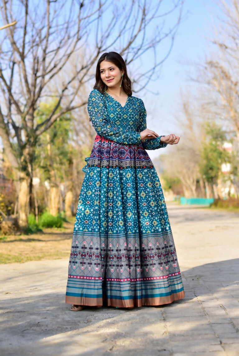 Jyoti Fashion Women's Blue Heavy Digital Printed Cotton Silk Anarkali Dress | Swadesiicart