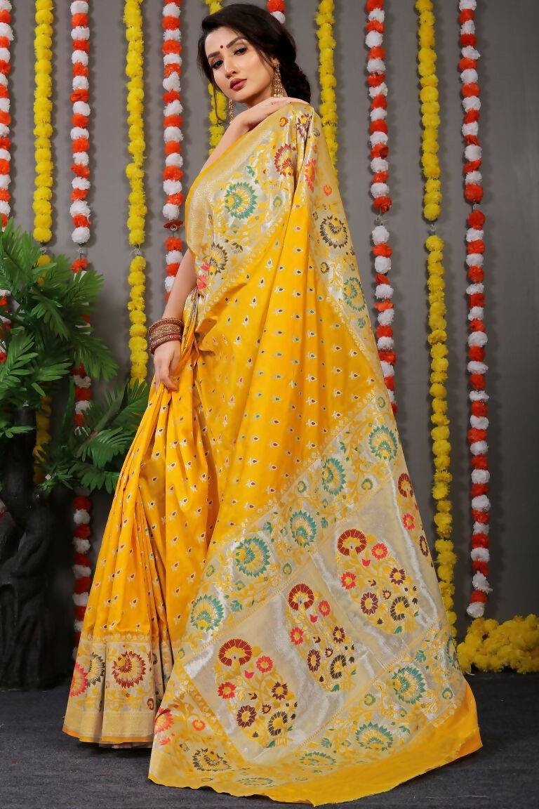 Jyoti Fashion Women's Yellow Banarasi Silk Zari Woven Saree with Blouse | Swadesiicart
