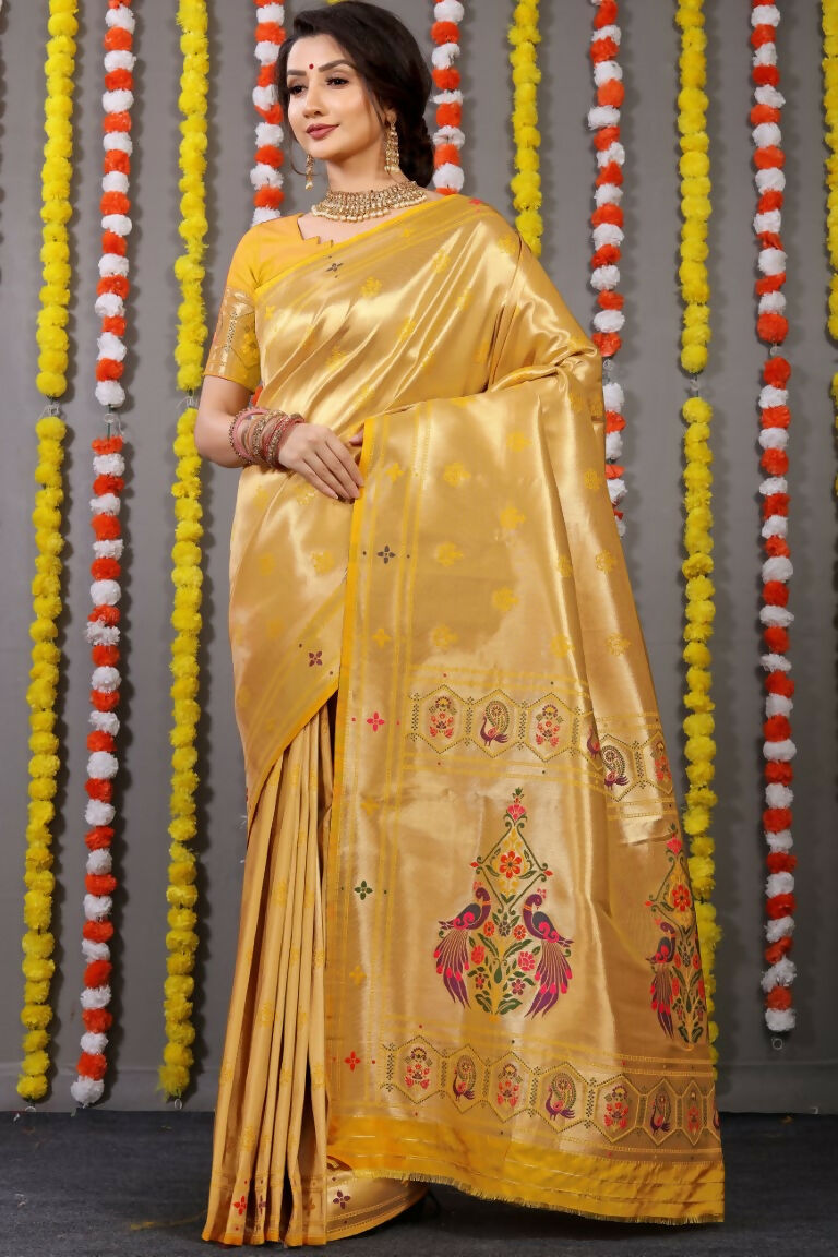 Jyoti Fashion Women's Yellow Paithani Silk Zari Woven Saree with Blouse | Swadesiicart
