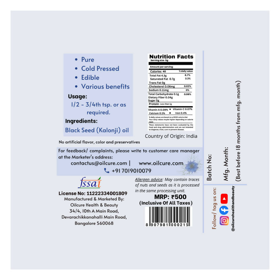 Oilcure Kalonji Oil Cold Pressed - Swadesiicart