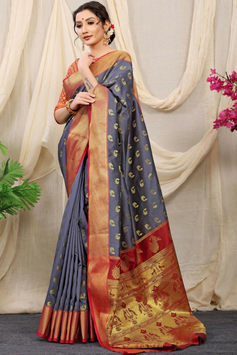 Jyoti Fashion Women's Grey Banarasi Silk Zari Woven Saree with Blouse | Swadesiicart