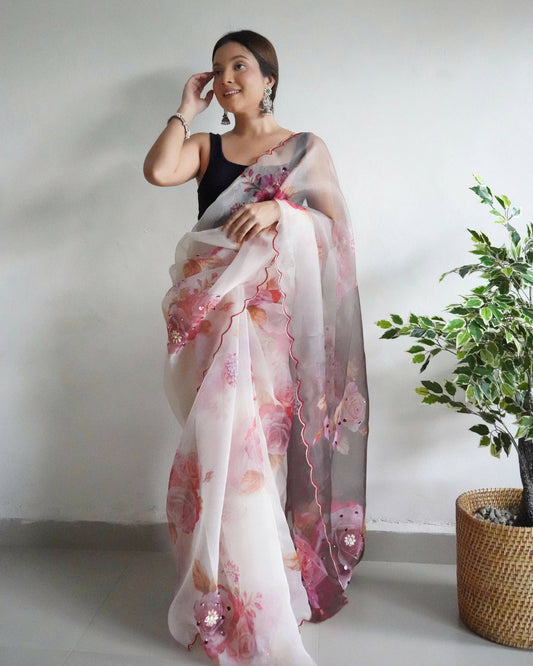 Vamsee Ramya Off White Organza Saree - Swadesiicart