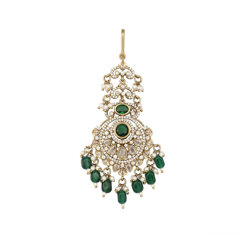 Nuyug 18K Gold Plated Ethereal Green Stone Maang Tikka | Swadesiicart