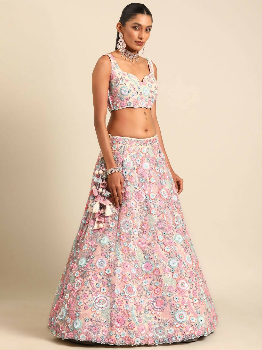 House of Panchhi Cream Net Sequins, Mirror and thread embroidery Lehenga choli & Dupatta | Swadesiicart