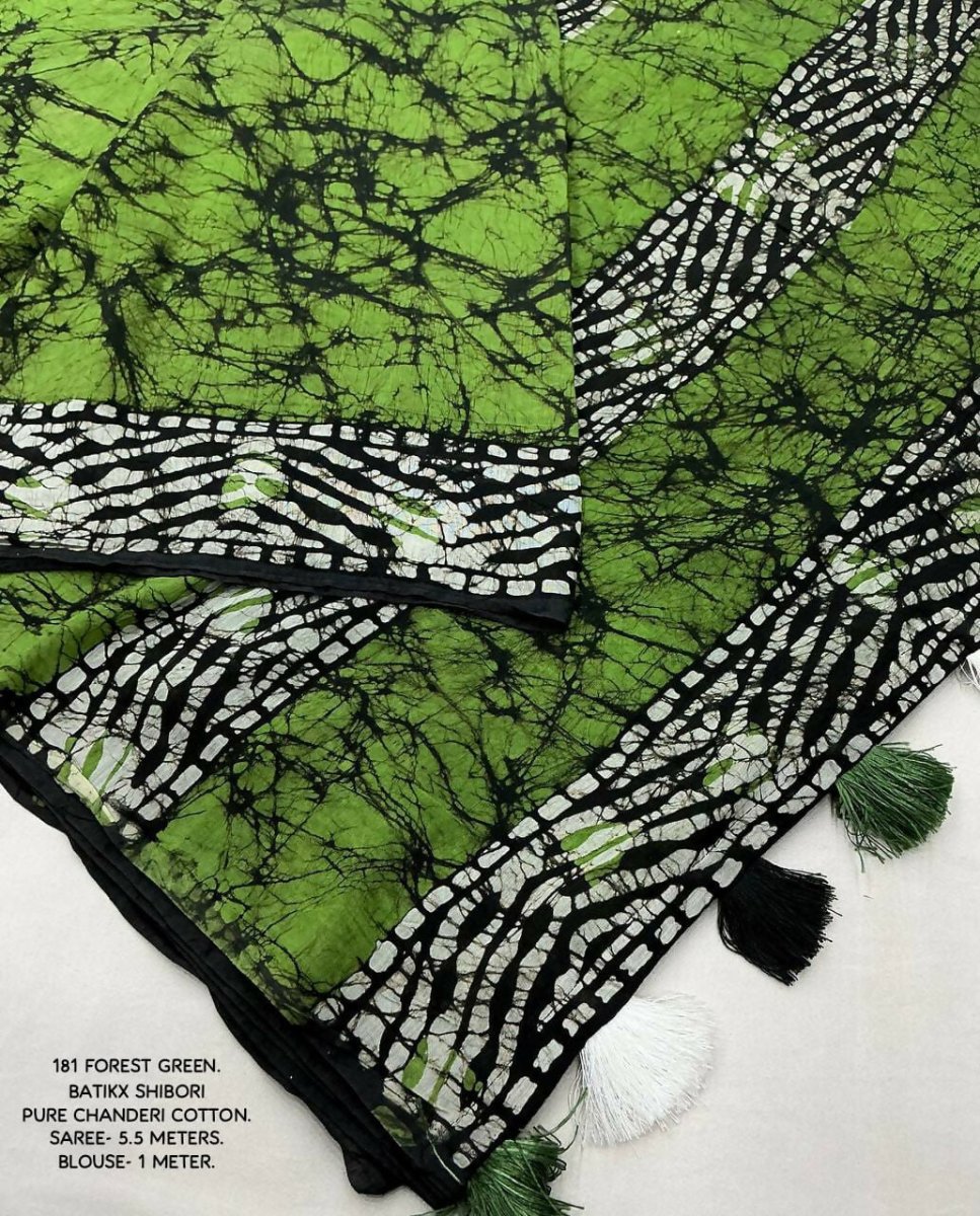 Arfa Fashion House Green Combination Pure Chanderi Cotton Batik Printed Saree