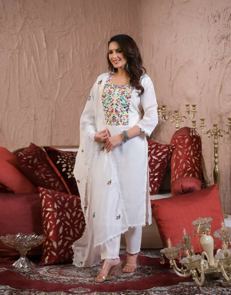Ethnic Festive Wear Chanderi with Cotton Lining White Stitched Suit With Dupatta - Tanisha | Swadesiicart