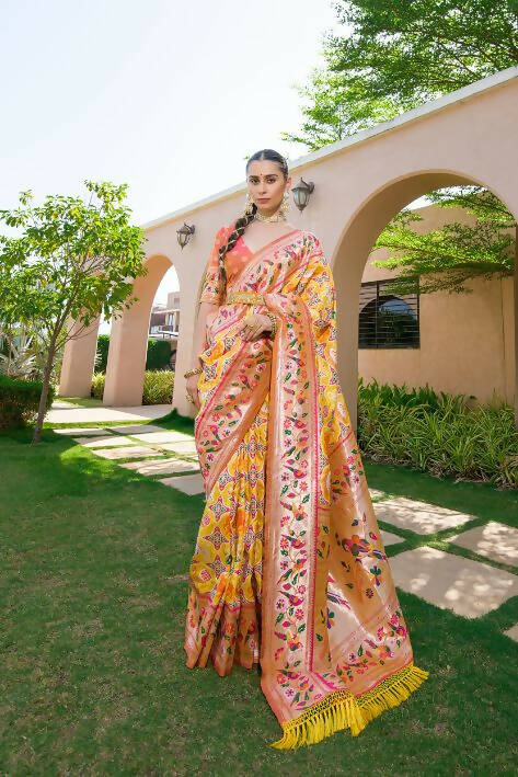 Vishnu Weaves Women's Yellow Paithani Silk Zari Woven Saree with Unstitched Blouse - Swadesiicart