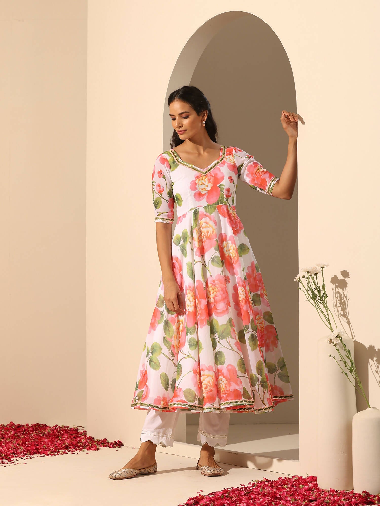 Pomcha Jaipur White Gul Noor Anarkali Set | Swadesiicart