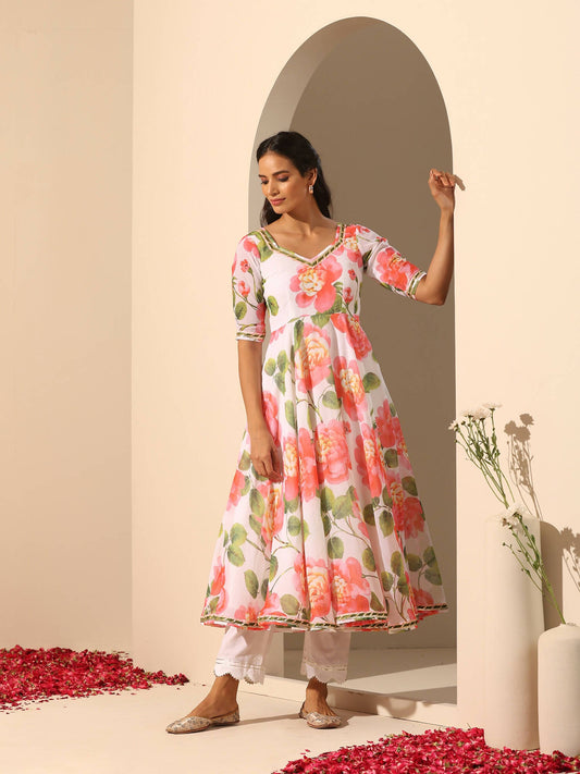 Pomcha Jaipur White Gul Noor Anarkali Set | Swadesiicart