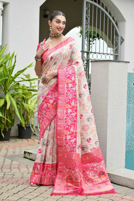 Vishnu Weaves Women's Pink Banarasi Silk Patola Zari Woven Saree with Blouse - Swadesiicart