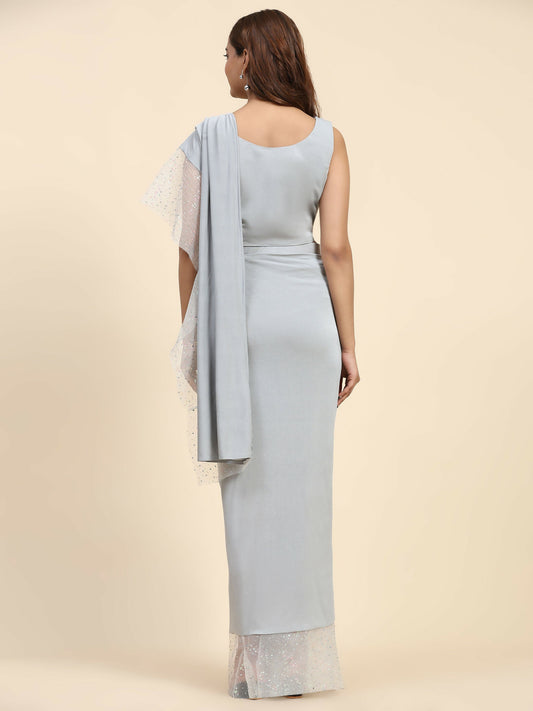 Light Grey Lycra Solid Ready to Wear Saree with stitched Blouse - Nita | Swadesiicart