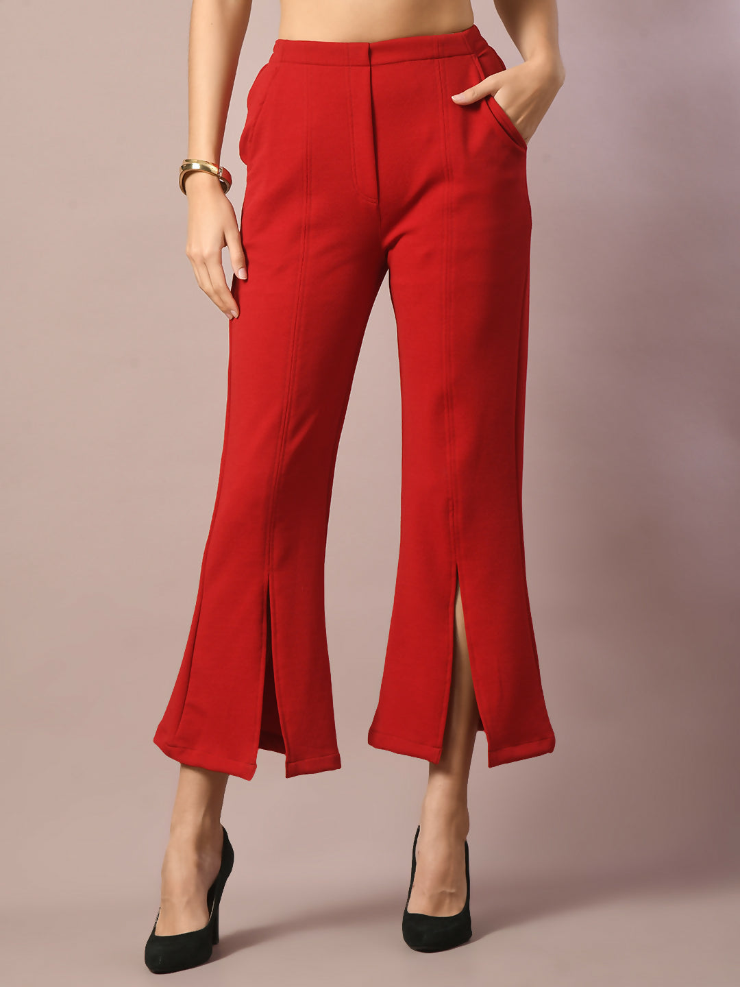 Myshka Women's Red Solid Boat Neck Party Top With Trousers Co-ord set - Swadesiicart
