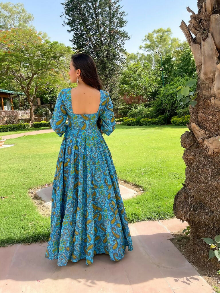 Jyoti Fashion Women's Turquoise Heavy Digital Printed Cotton Silk Anarkali Dress | Swadesiicart