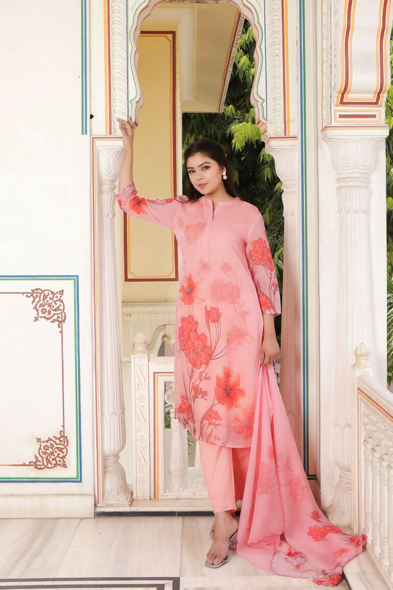 Vaasva Women Pink Tabby Slik Print & Embroidered Kurta, Pant & Dupatta set | Swadesiicart