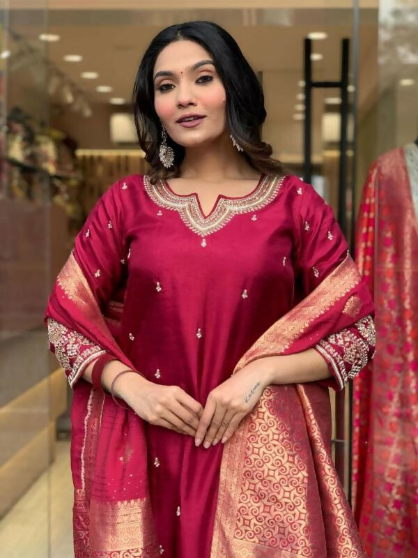 The52 Maroon Beautiful Embroidered Viscose Chanderi Fabric Straight Kurta Pant with Dupatta Set - Swadesiicart