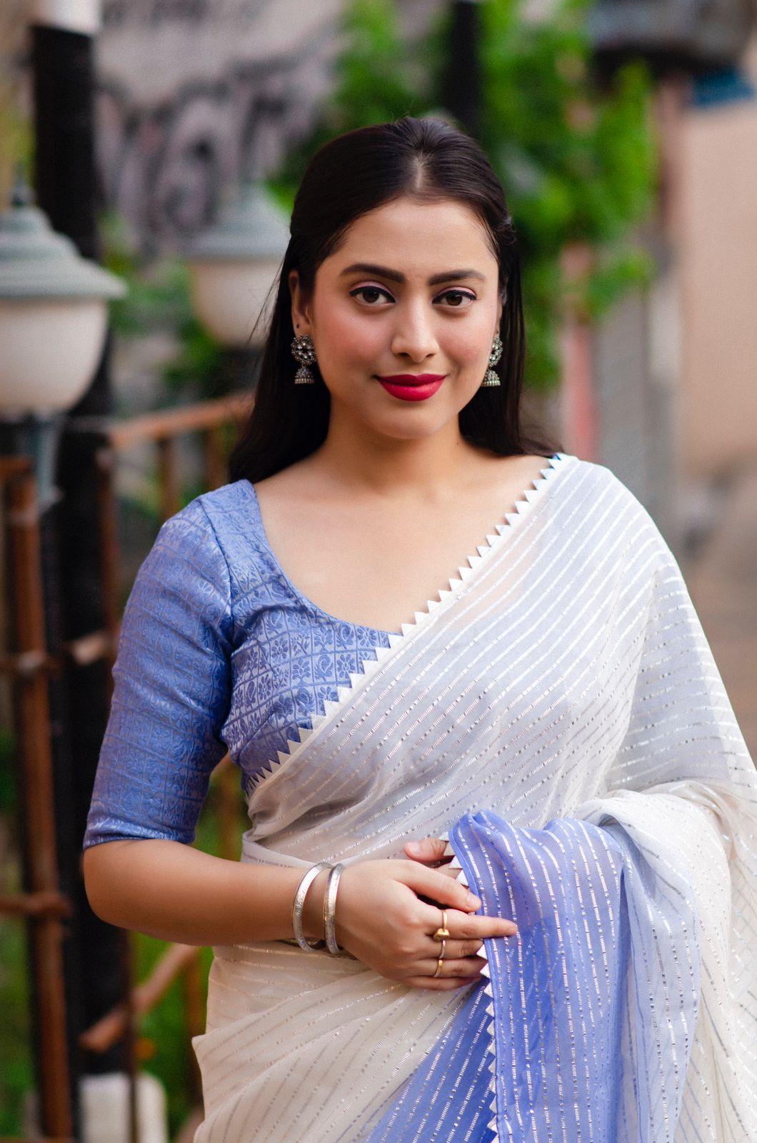 Lavender Poly Chiffon Striped Saree with Unstitched Blouse - Hiral Fashion | Swadesiicart