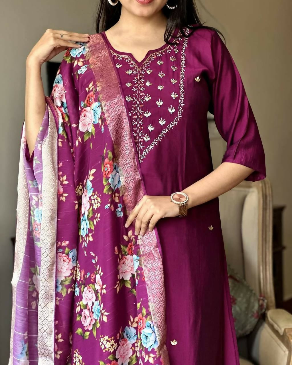 The52 Wine Women's Gorgeous Embroidered Rayon Fabric Straight Kurta Pant with Dupatta Set - Swadesiicart