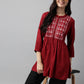 Red Rayon Yoke Embroidered A-line Top - Tarini - Swadesiicart