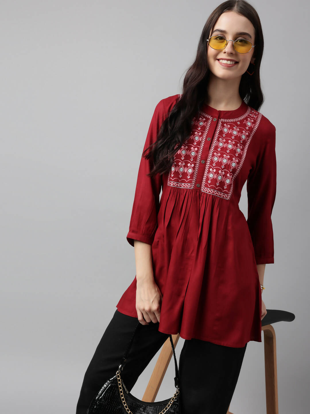Red Rayon Yoke Embroidered A-line Top - Tarini - Swadesiicart